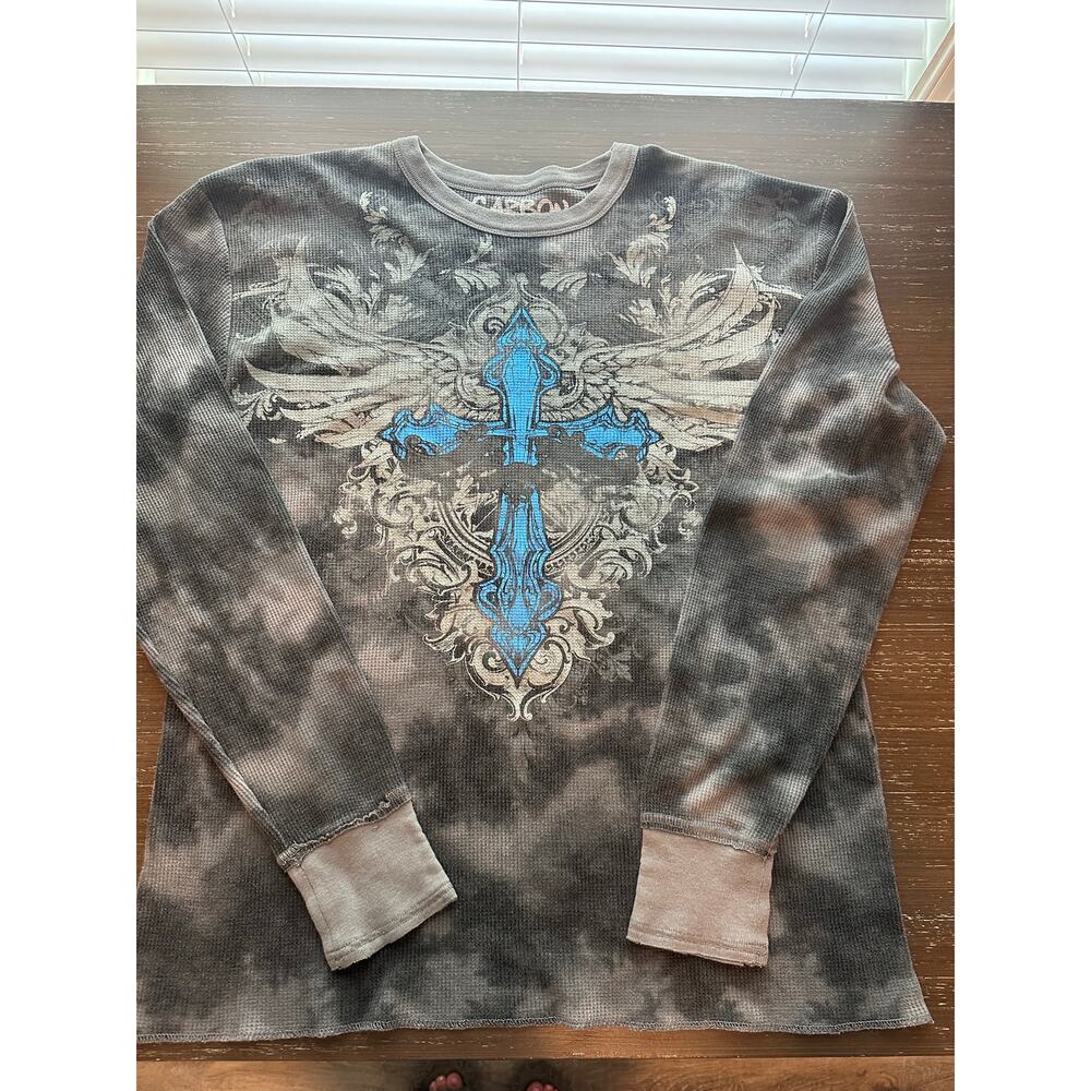 Carbon Y2K Thermal Shirt Mens Large Cross Wings Graphic Grunge Goth Long Sleeve
